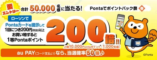 ローソンでのお買い物でPontaカードを提示すると最大200倍のポイントが当たるキャンペーンを実施