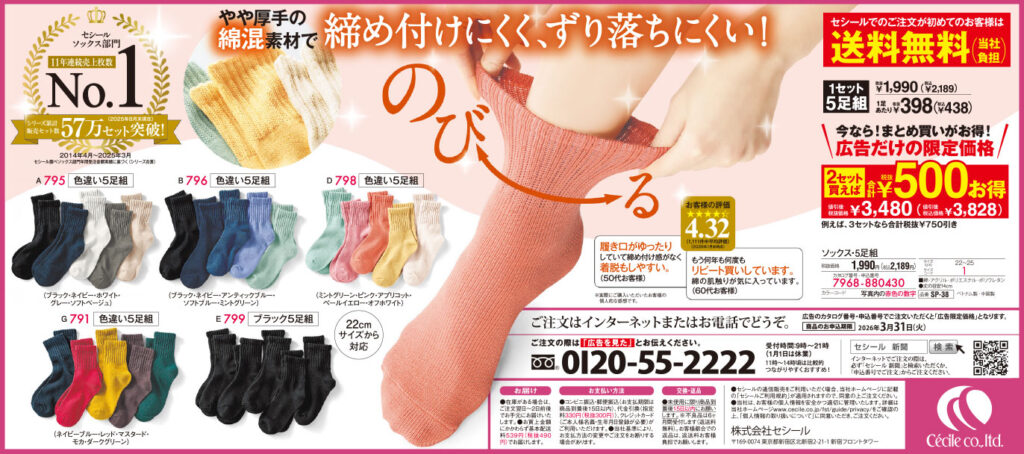 （セシール）しっかり素材のはき口ゆったりソックス（5足組）