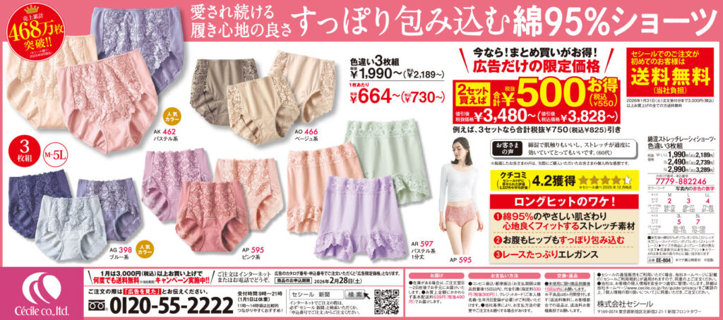 色違い3枚組・綿混レーシィショーツ（ストレッチ）（はきこみ丈スタンダード）